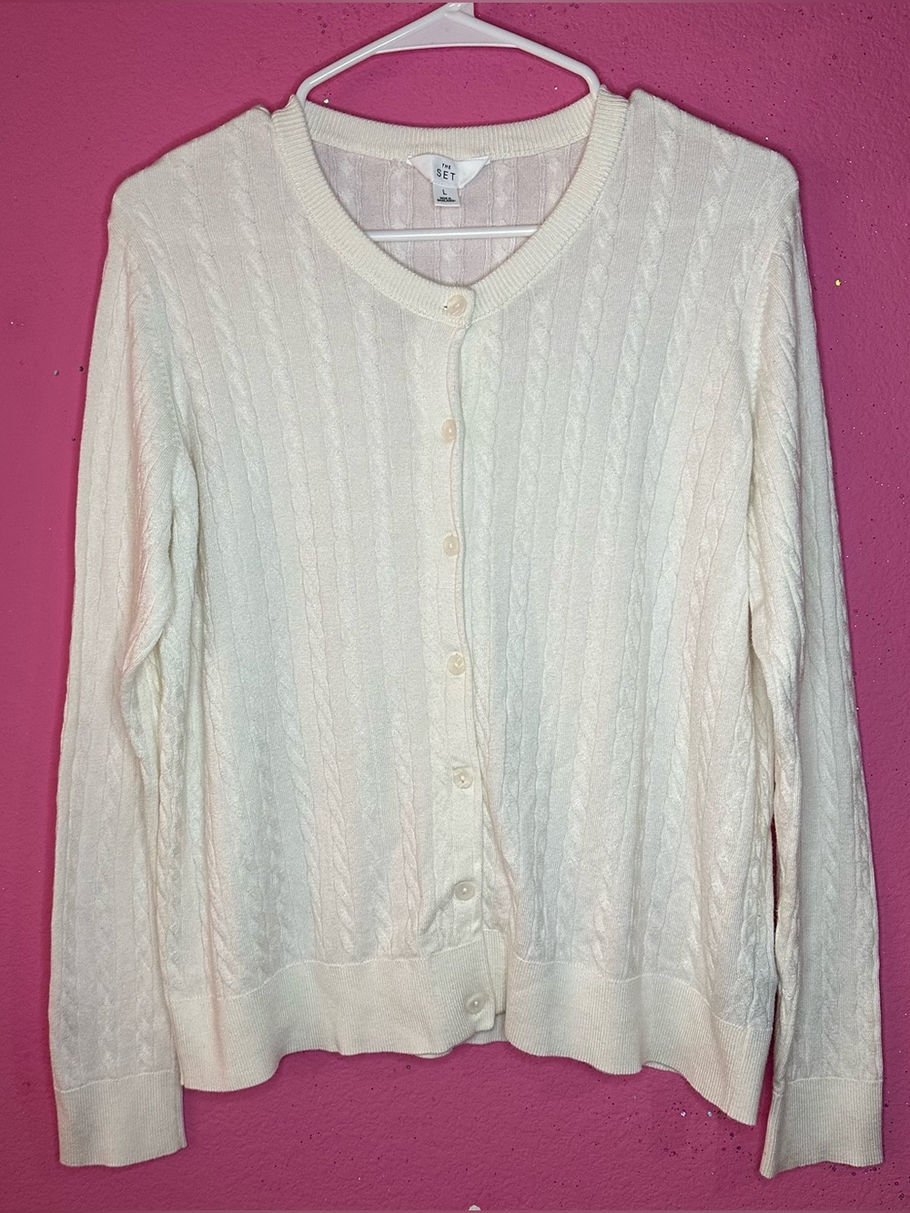 Cottagecore Granny Knit Cardigan Ivory Button Up Sweater Size LG Layering Fall